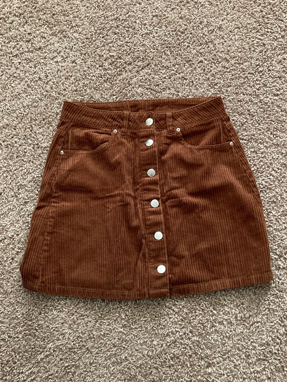 Ready-for-Fall Corduroy Button-Front Mini Skirt in Nutmeg, Blue Rain, sz. small